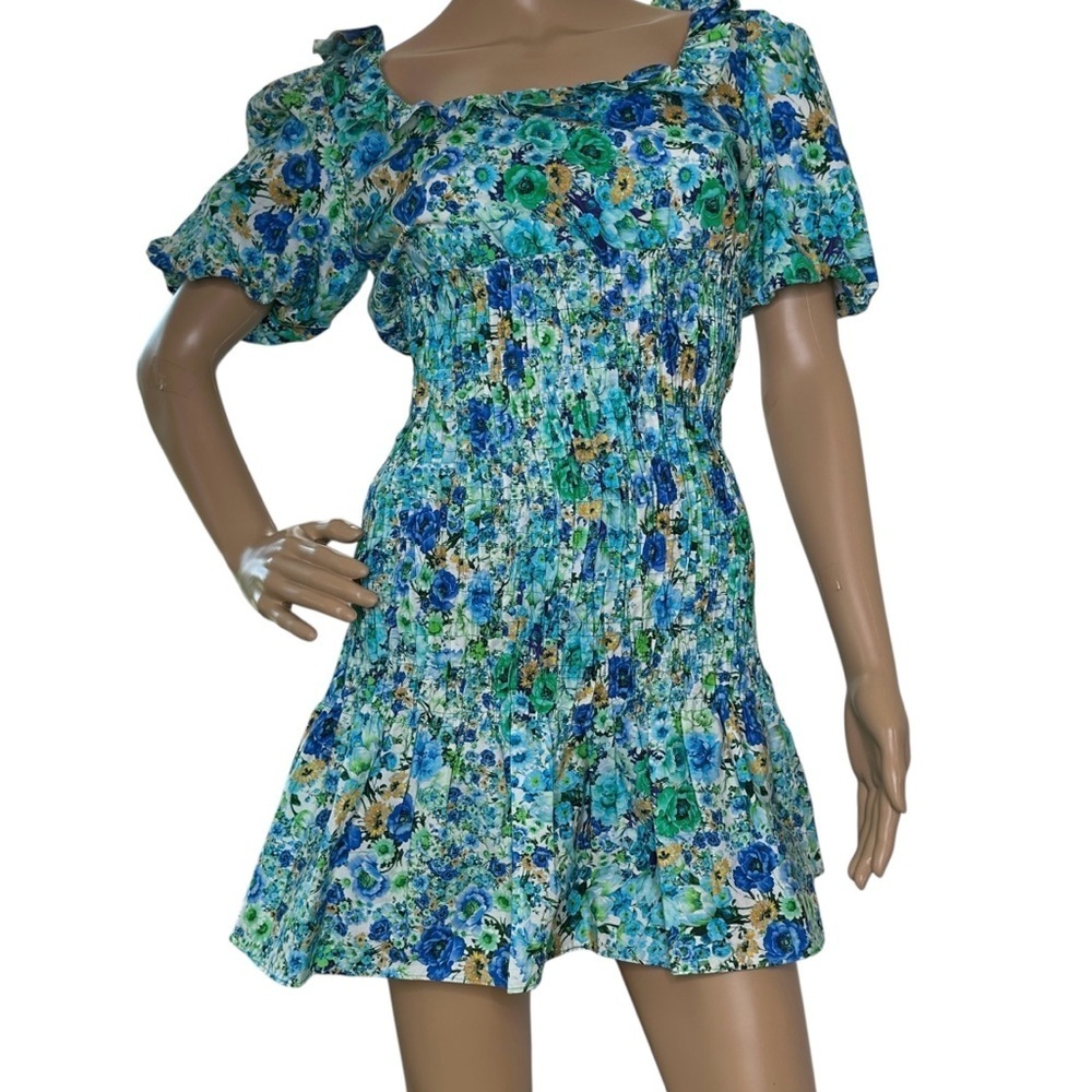 Zara Smocked Floral Blue and Green Women's Dress Small